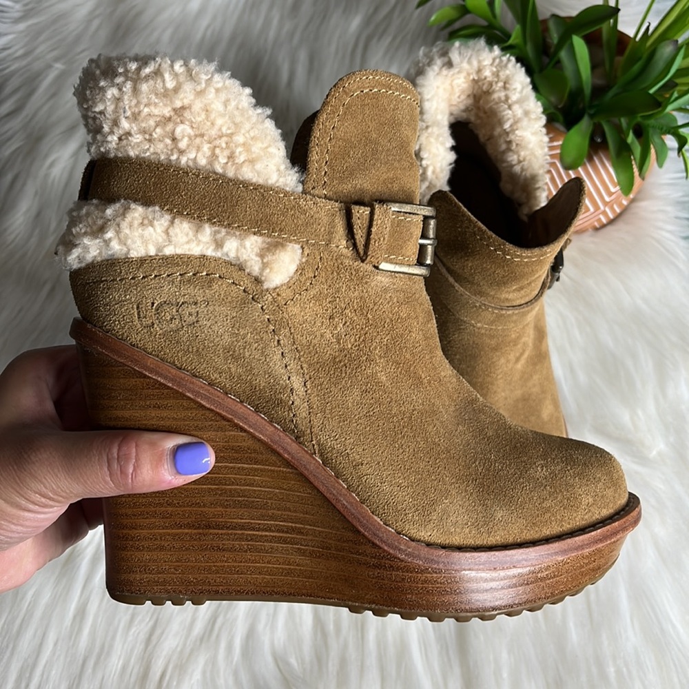 ugg • shearling leather suede sheepskin wedge booties